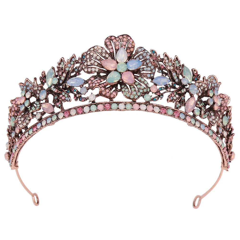 SLBRIDAL Alloy Baroque Style Antique Copper Colorful Crystal Bridal Tiara Rhinestone Wedding Crown Women Prom Hair Accessories