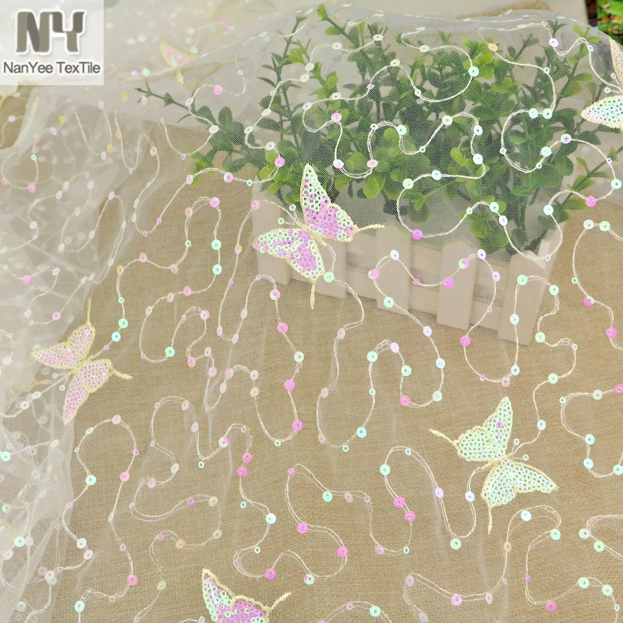 Nanyee Textile White Embroidered Tulle Pink Pearl Color Butterfly Sequin Fabric