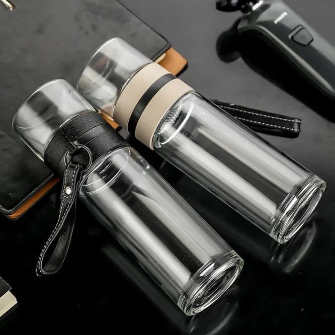 Custom Logo Leakproof BPA Free Portable Double Wall High Borosilicate Glass Stainless Steel Reusable Crystal Tea Infuser Camping