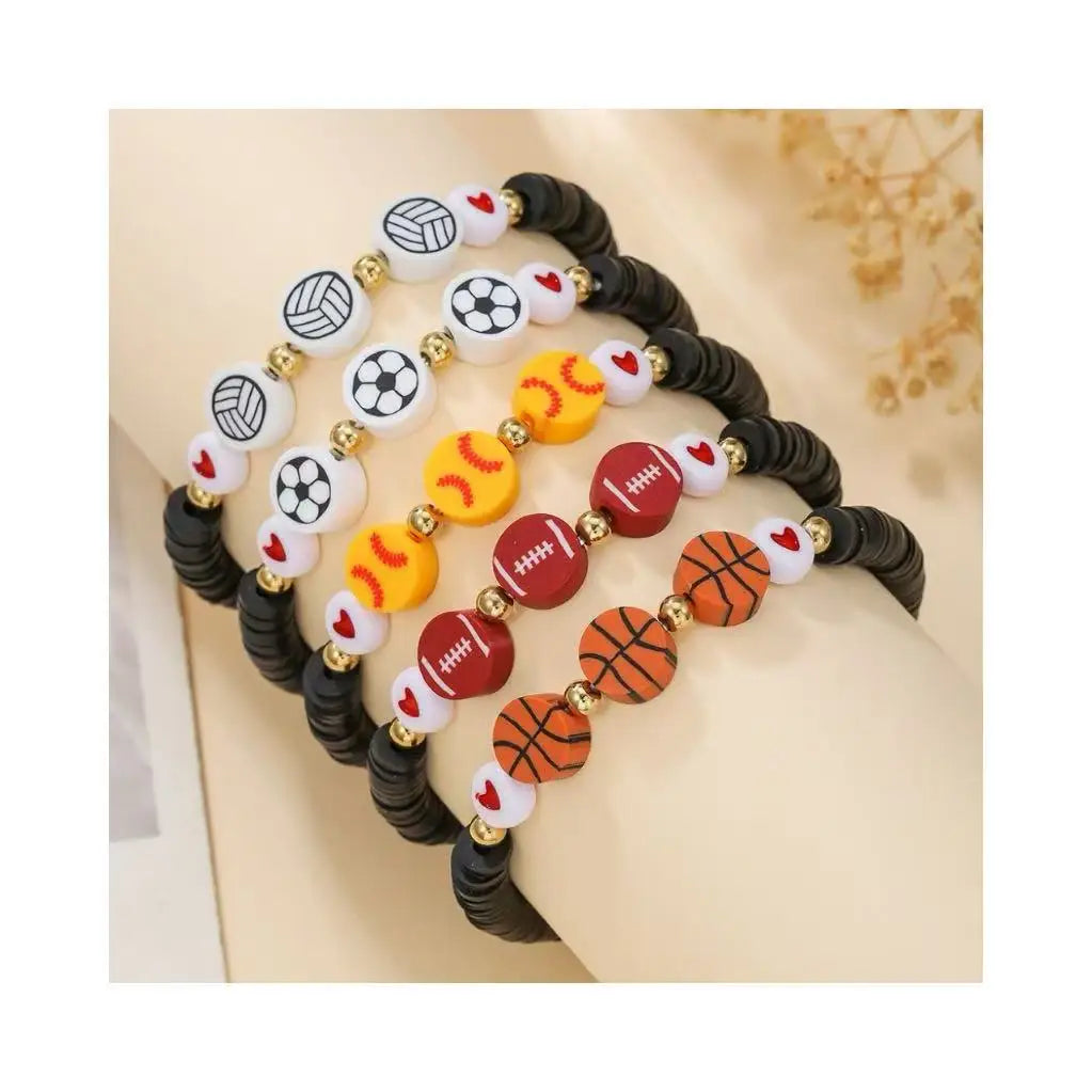 Custom Handmade Polymer Clay Bracelet Basketball Football Ball Design Beads Elastic Friendship Bracelet