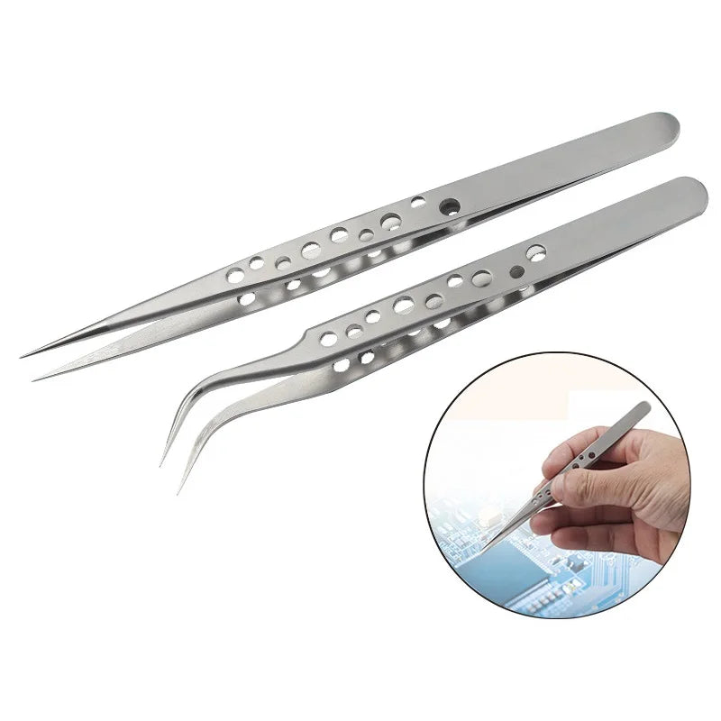 Nine Holes with Holes Non-slip Tweezers Stainless Steel Tweezers Pointed Elbow Tool Set Tweezers 10
