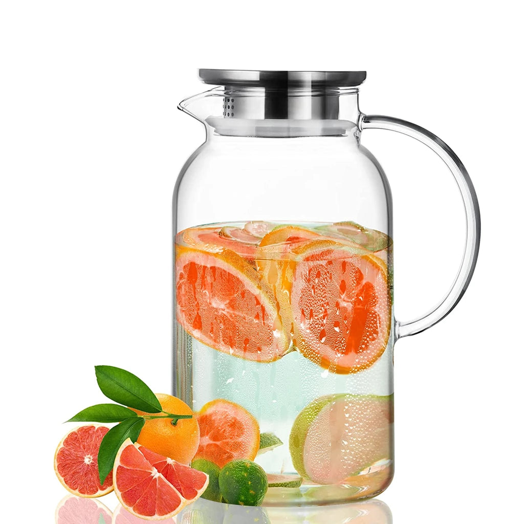 61oz Modern Design Borosilicate Glass Jug with Stainless Steel Lid Heat-Resistant Kettle for Tea or Water for Business Parties