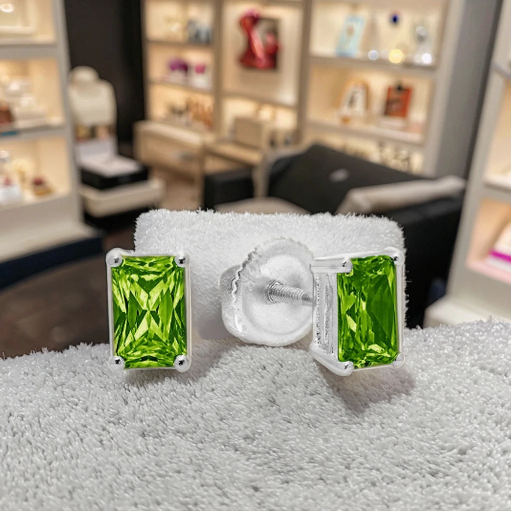 Brilliant Emerald Cut Solitaire VVS1 Flawless Natural Green Peridot Gemstone Pair of Stud Earrings Screw Back
