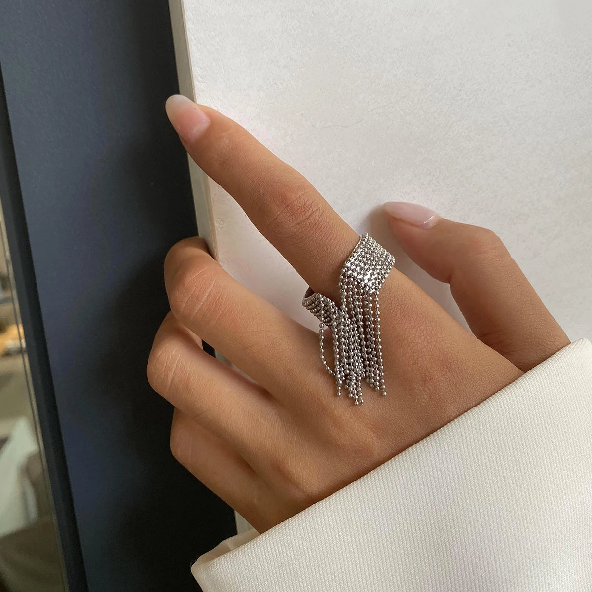 J&D Multi-Layer Beaded Tassel Open Ring 18k Stainless Steel Eight-Layer Adjustable Design Rings