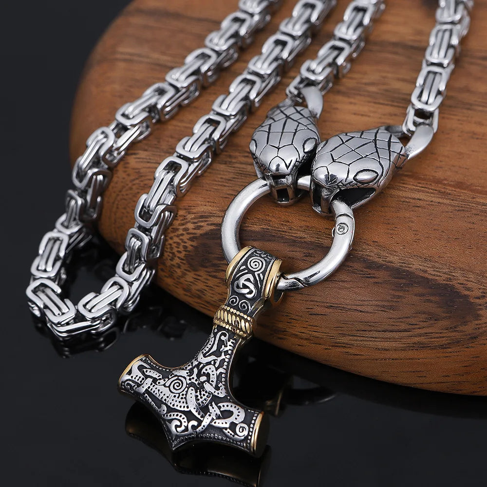 Stainless Steel Mjolnir Thor's Hammer Stainless Steel Viking Snake  Necklace