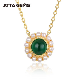 ATTA 6mm Round Cut Lab Grown Emerald Stone 18k Gold Plated and 925 Sterling Silver Charm Emerald Necklace With Freshwater Pearl