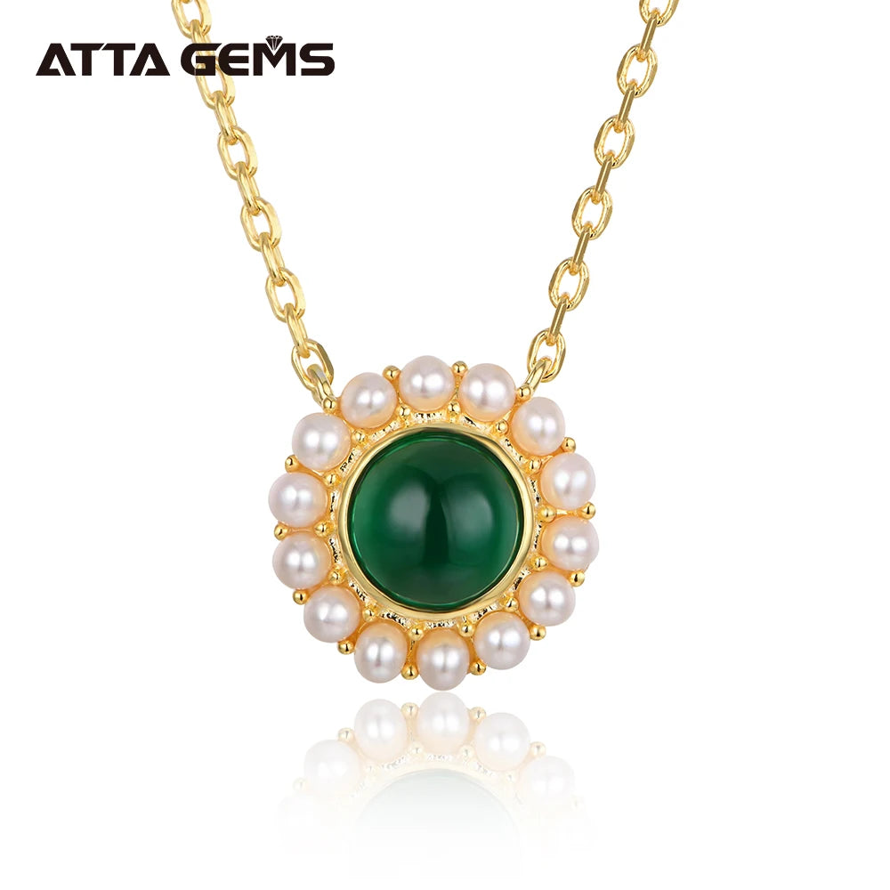 ATTA 6mm Round Cut Lab Grown Emerald Stone 18k Gold Plated and 925 Sterling Silver Charm Emerald Necklace With Freshwater Pearl