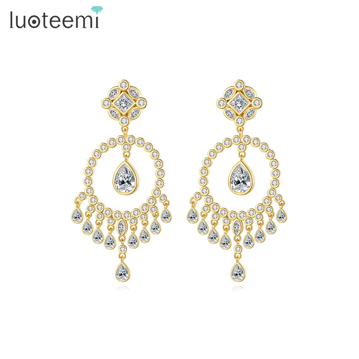 LUOTEEMI Earing Gold Plated Luxury Zirconia Elegant Women Earings for Women Long CZ Dangling Bridal Earrings