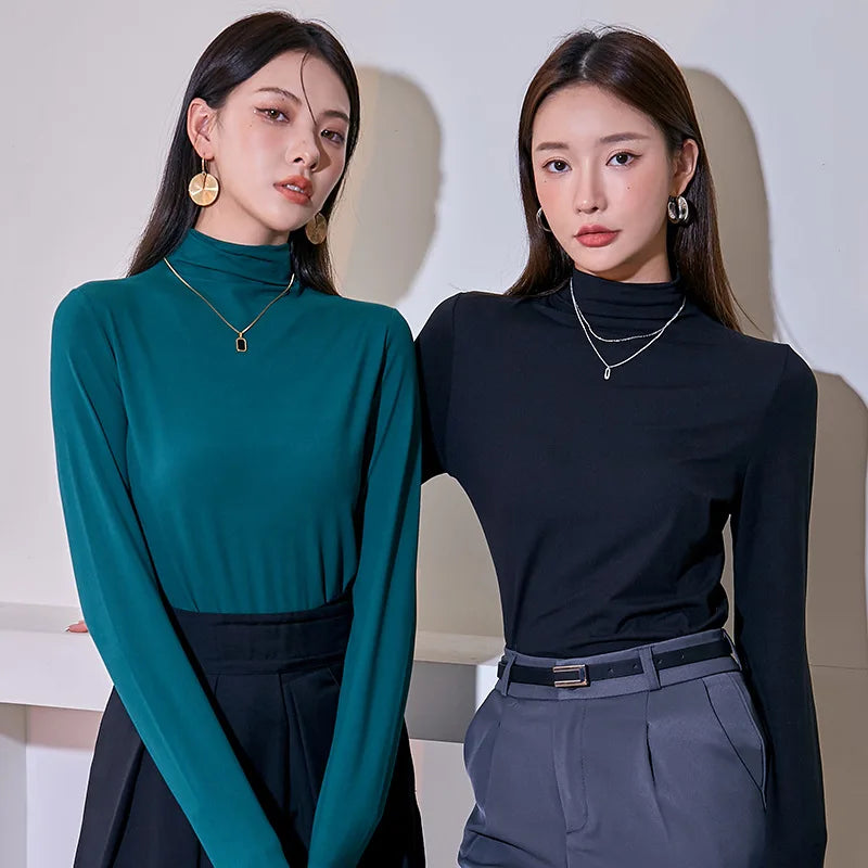 Spring and Autumn Half-high Neck Long Sleeve Versatile Bottom Shirt Black Top Solid T-shirt