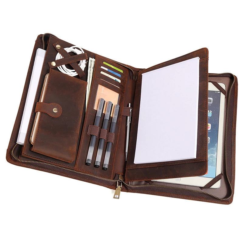 Wholesale Mens Crazy Horse Leather Folio Travel Office Portfolio A5 Document Folder Organizer Genuine Leather Tablet Holder