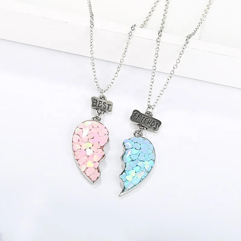 2Pcs/set Fashion Best Friends Necklaces Sequin Heart Broken Stitching Pendant Chain BFF Friendship Jewelry Gifts for Girls Women