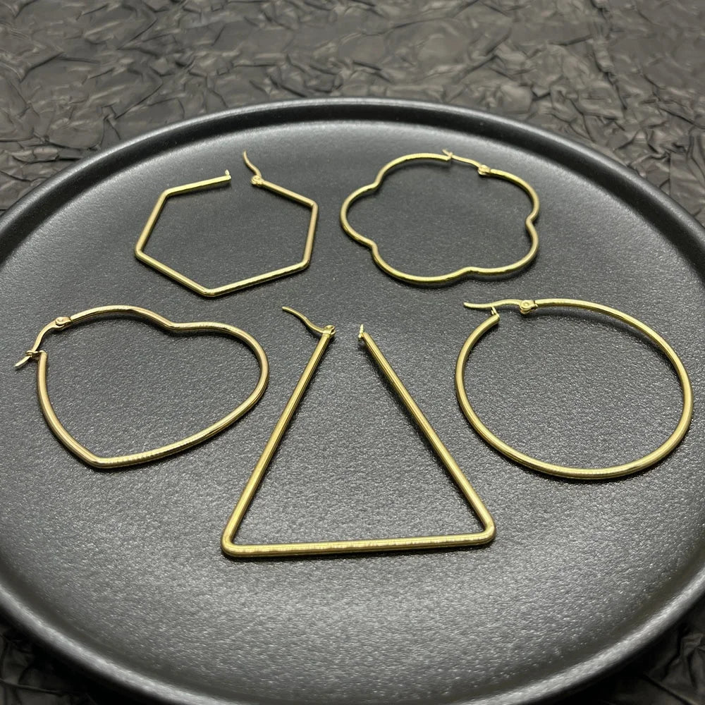 50/55mm Diameter Gold Large Big Hoop Earrings for Women Girls Heart Star Hexagon Drop Shaped Stainless Steel Geometric Earrings