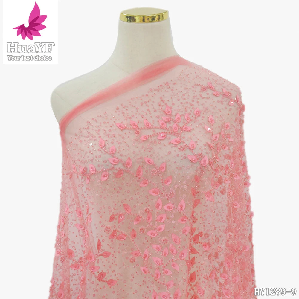 HY1289-9 Popular Design French pink Heavy 3d Leaf Satin Applique Beaded Lace With Sequins for Wedding Dress Fabric