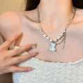 Y2K Punk Hip Hop Tassel Clavicle Chain Necklace for Women Resin Bear Pendant & Pearl Trendy Jewelry for Weddings and Parties