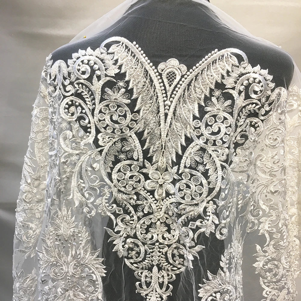 Beautiful Wedding Heavy Beaded Lace Fabric 3D Tulle Embroidery Handmade Floral Bridal Lace Fabric