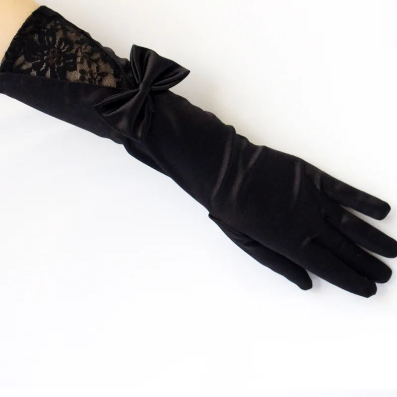 Fashion Elegant Bow Lace  Dance Performance Ceremonial Gloves Nightclub Satin Gloves Wedding Bridal Gloves