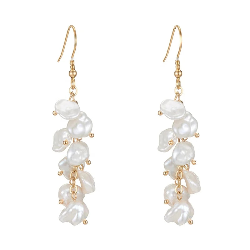 Anti Allergy 925 Silver Gold Plated Chandelier Earrings Tassel 7-8mm Natural Color Keshi Freshwater Pearl Wedding Party Gift