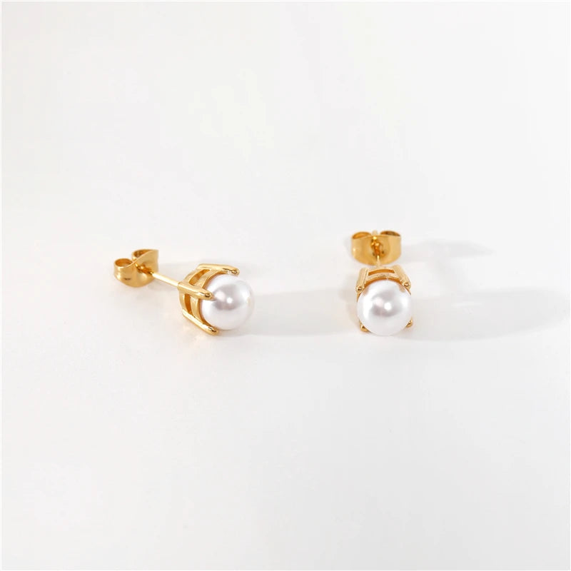 18K PVD Gold Plated Mini Tarnish Free & Waterproof Round Simulated Pearl Stud Earring Stainless Steel Jewelry