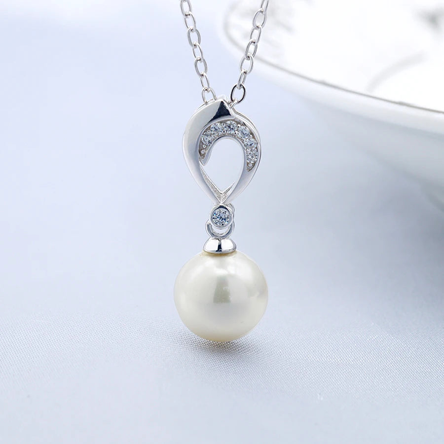 925 Sterling Silver Pure Simple Fresh Water Round Silver Pearl Leaf Pendant Pearl Necklace