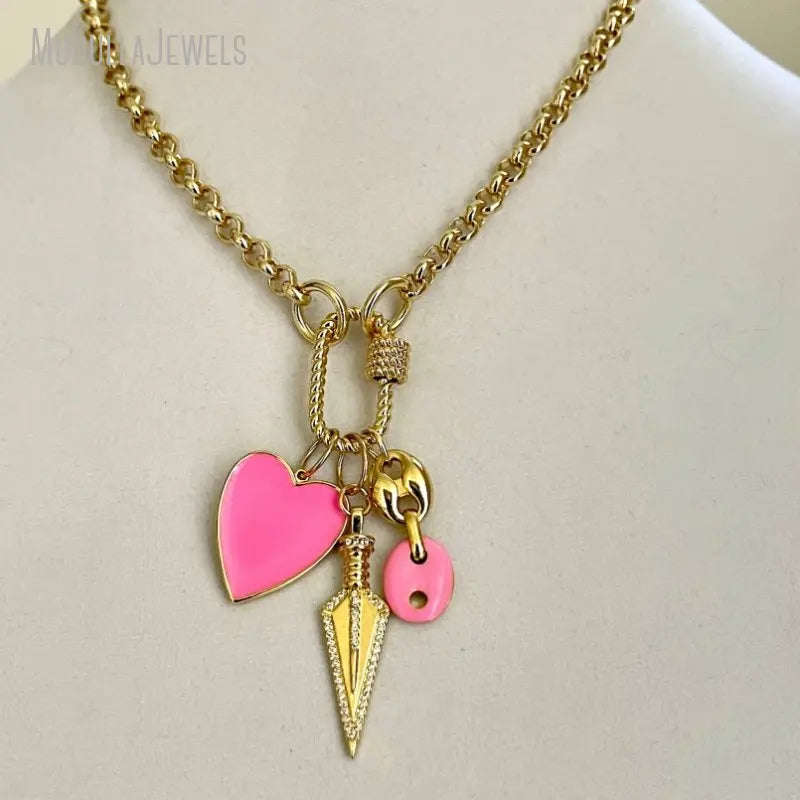 NM47308 Pink Enamel Heart Anchor Pull Tab Charm Carabiner Clasp Rolo Chain Choker Pendant Necklace 18k Gold Plated Women Jewelry
