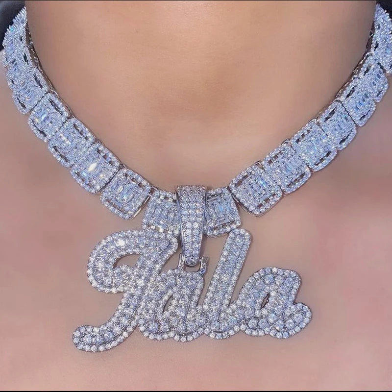 Custom Micro Paved CZ Brush Cursive Letter Two Tone Pendant Purple Name Necklace Baguettes Chain Personalized Zircon for Parties