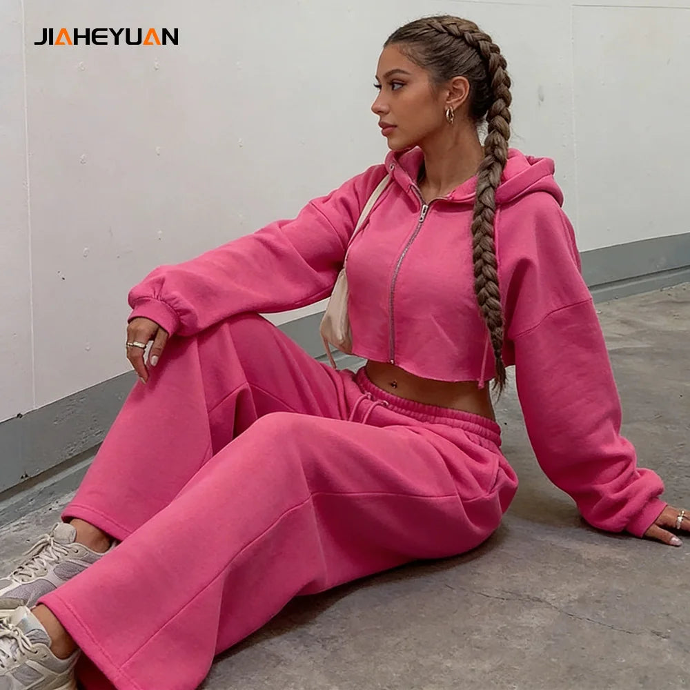 Two Piece Oversized Wide Leg Sweat Pants and Crop Top Hoodie Set Women High Quality Zip up Cropped Hoodies Women Streetwear