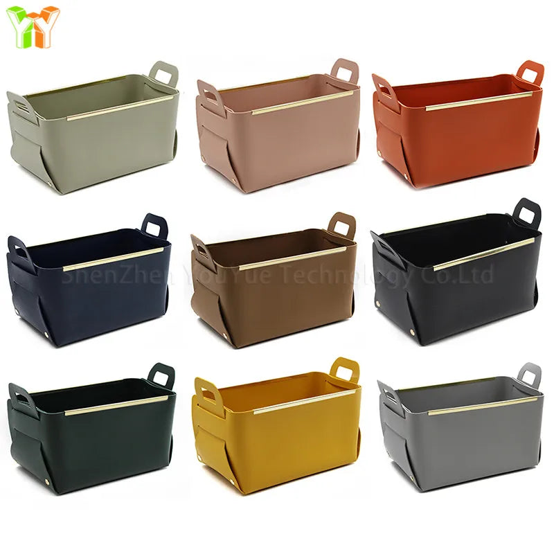 Luxury Faux Leather Golden Metal Dried Flower Storage Basket Home Decorative Baskets for Wedding
