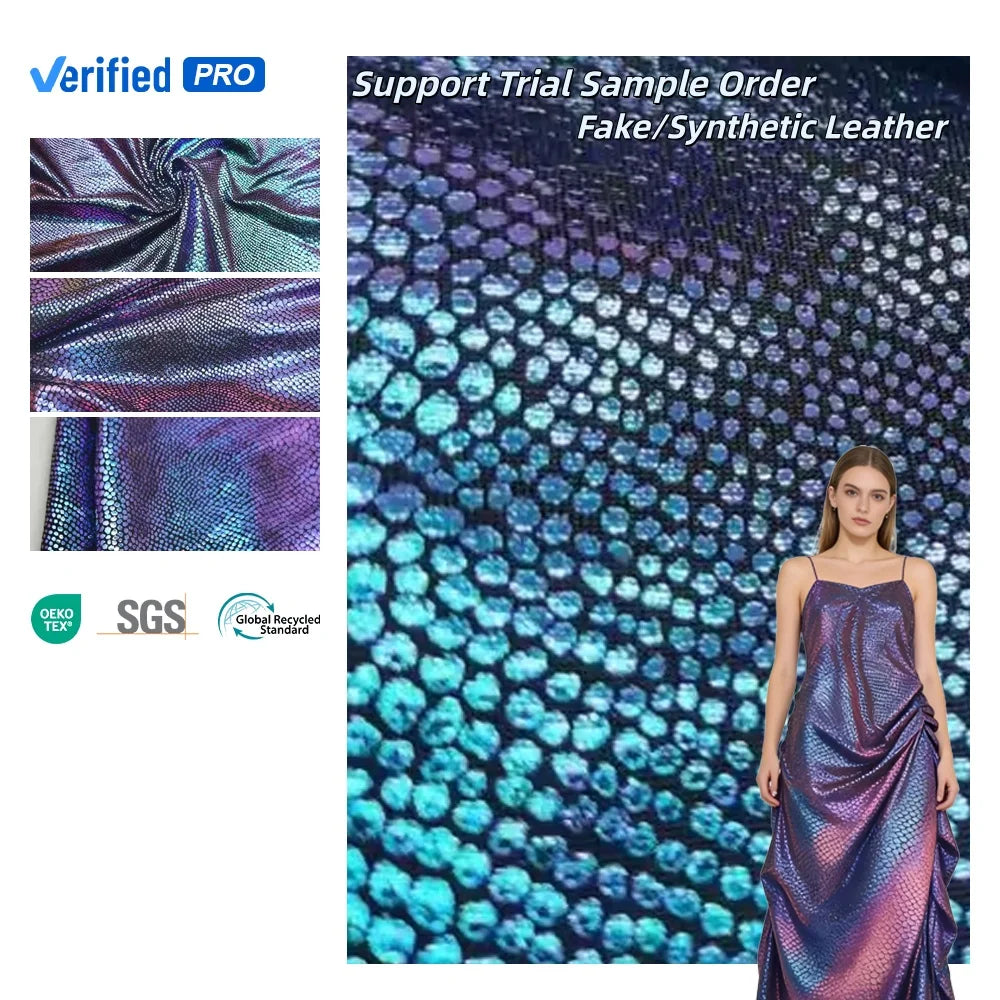 PU Coating Fabric Lady Pants Dress  Stretch Fabric Holographic Knitted Fabric Foiled Leather Garment Fabric Roll