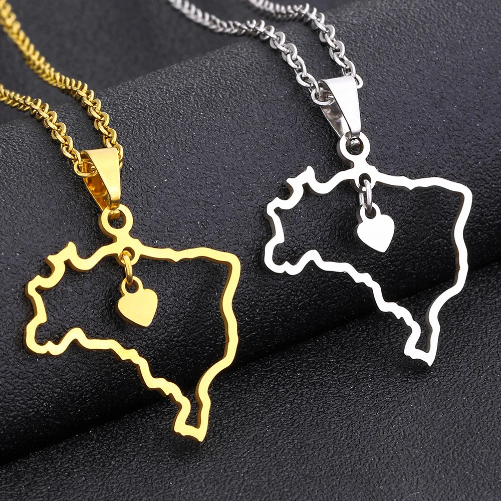 Brazil Map Chain Necklaces Stainless Steel Silver 18K Gold Plated Enamel Brazil Flag Color Map Pendant Chain Necklace