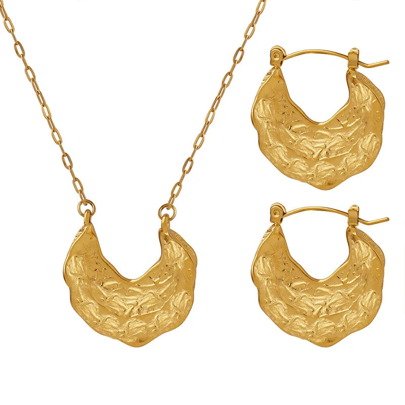 Ins Hot Waterproof Jewelry 18k Gold Jewelry  Earrings Pendant Set Stainless Steel Irregular Hammer Pattern Necklace