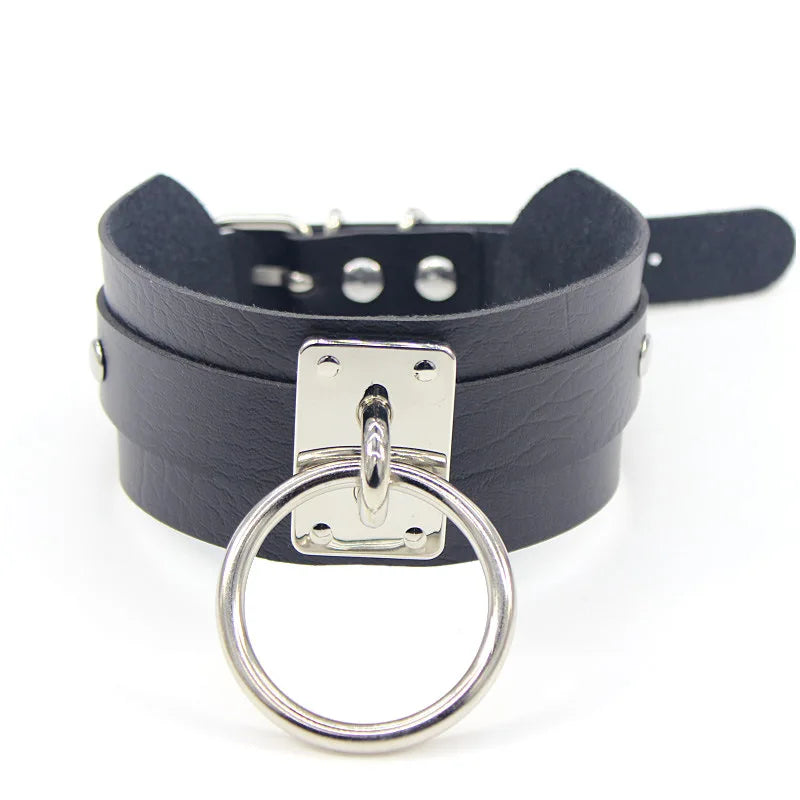 Women Harajuku Punk Rock Chocker Gothic Sexy PU Leather O-Ring Spike Handmade Rivet Collar Choker Necklace