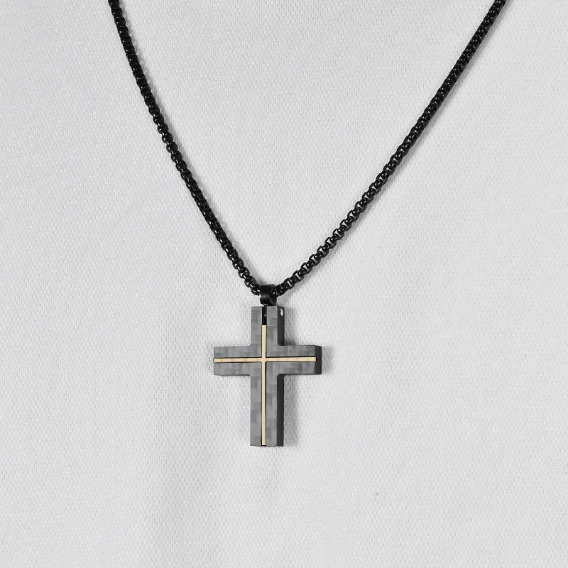 Fatingna Trendy Titanium Steel Cross Pendant Necklace Gold Plating Freshwater Pearl Link Chain-Hip Hop Style Buddhist Symbol