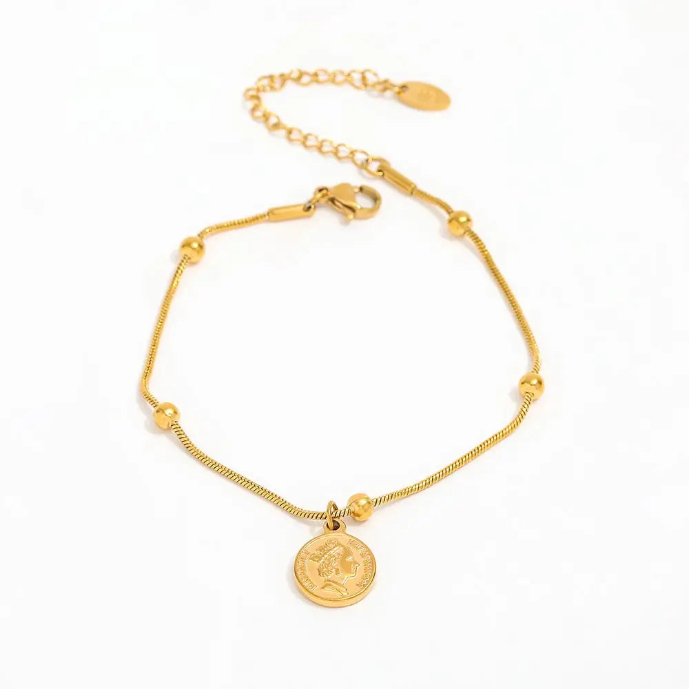 18K Gold Plated Figure Coin Charm Pendant Snake Chain Bracelet Stainless Steel Stylish Fashion Jewelry Wholesale