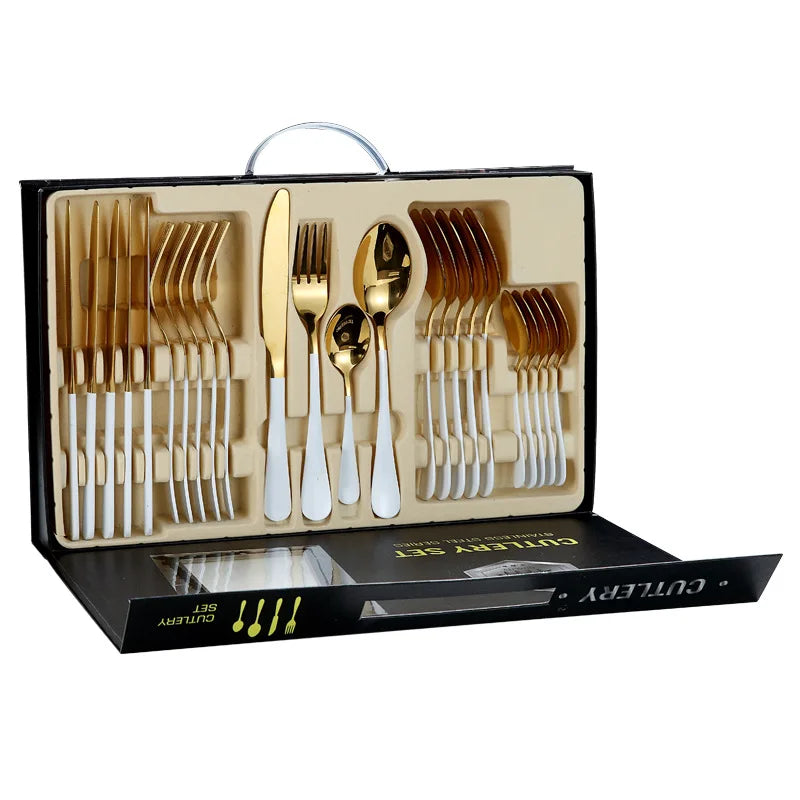 Hot Sale Gold Plated Stainless Steel 24pcs Blue Handle Cutlery Sets with Gift Box for Back to School