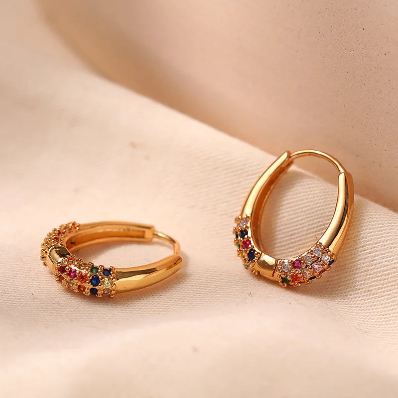 Stylish Design Sense Vintage Geometric Oval Brass Gilt Colored Zircons Exquisite Earrings for Women