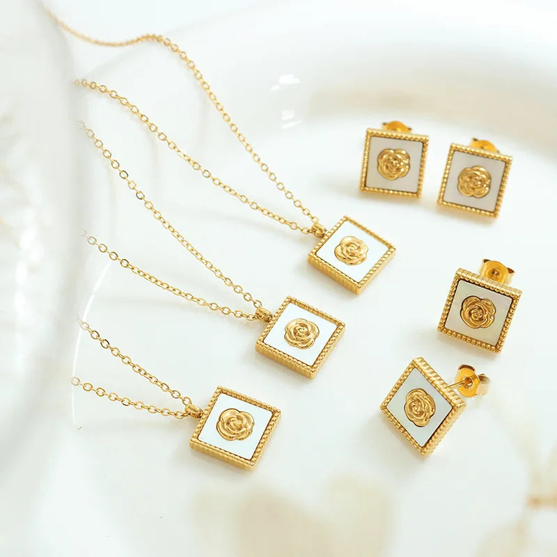 Fashion 18k Gold Plated Stainless Steel Shell Camellia Square Necklace Earrings Jewelry Set for Women Bijoux Acier Inoxydable