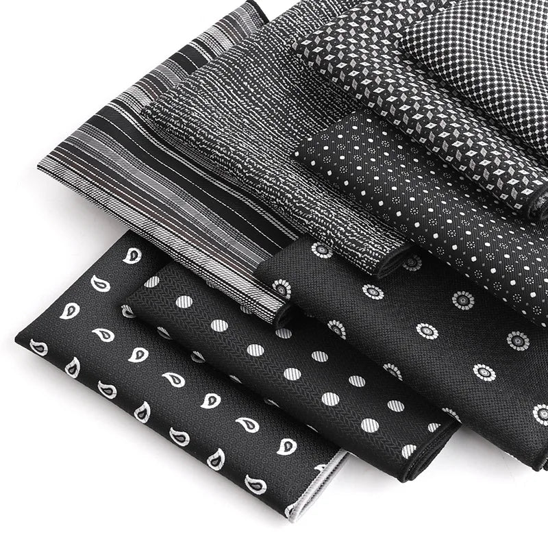 Luxury Black Pocket Squares Mens Polyester Jacquard Paisley Striped Hankies Polka Dot Handkerchief for Men