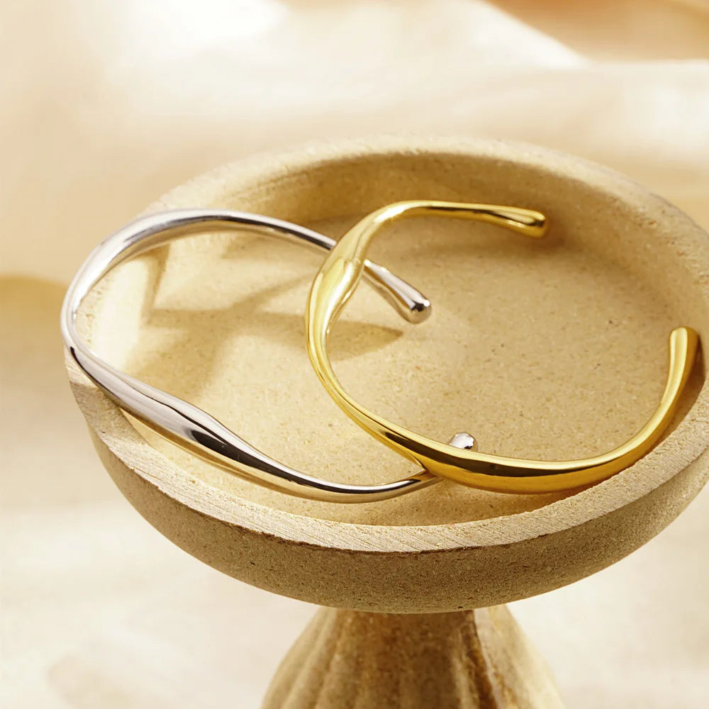Simple Elegant 18k Gold Silver Plated Irregular Waviness Shape Cuff Bangles Geometric Stainless Steel Bracelets for Ladies