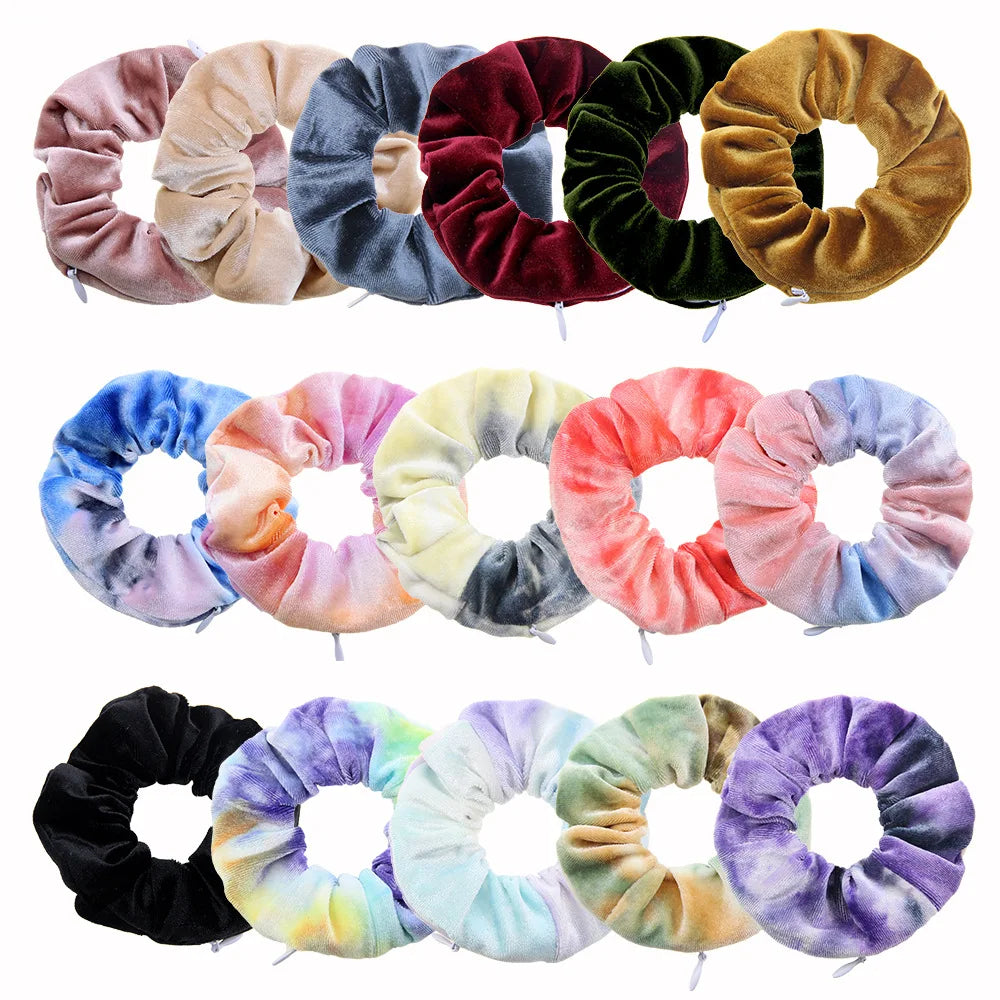 Factory Custom Zipper  Secret Pocket Hidden Elastic Velvet Hair Scrunchy Hair Accessories Scrunchies with Zipper