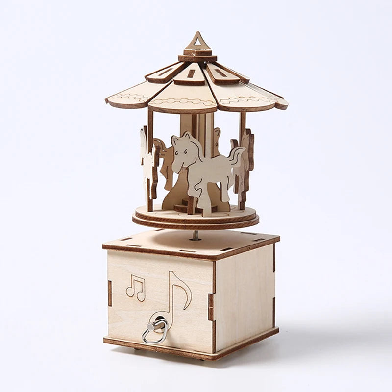 Kids DIY Wooden Jigsaw Puzzle Ferris Wheel Carousel Music Box House Model Educational Handmade Game for Promotional Toys