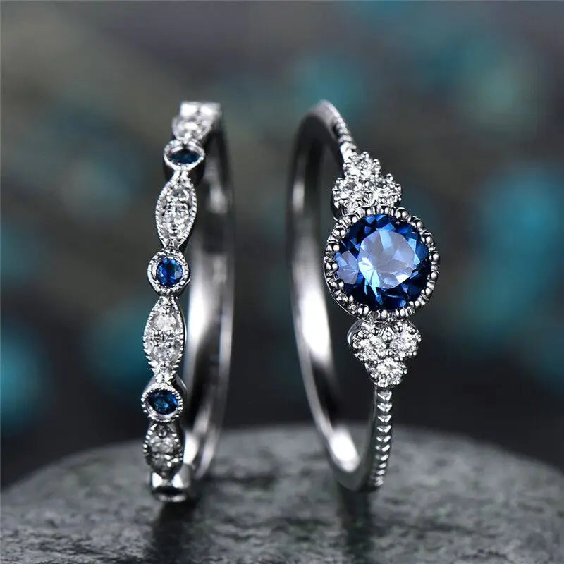Huitan Ring Set Tiny Royal Blue Green Round CZ Bright Thin Rings Lady Girls Fashion Party Silver Simple Finger Dainty Ring Set