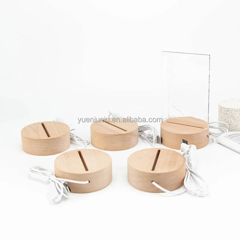 Promotional Night Light Bases USB Beech Touch Light Wood Base Acrylic Wooden Stand 3D Lamp Holder  Carved