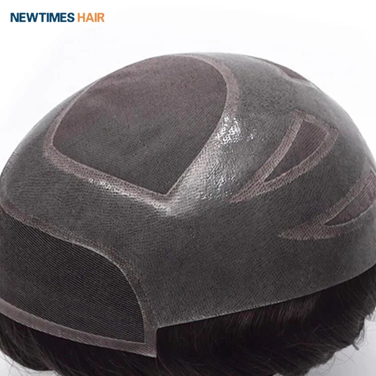Newtimes Mens French Lace Front Mono Toupee Fine Human Hair Replacement Systems Natural Color Virgin Wave Style Right Design PU