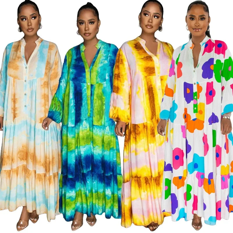 2025 European and American Women's Eco-Friendly Fashion V-Neck Long Sleeve Swing Dress with Painted Print