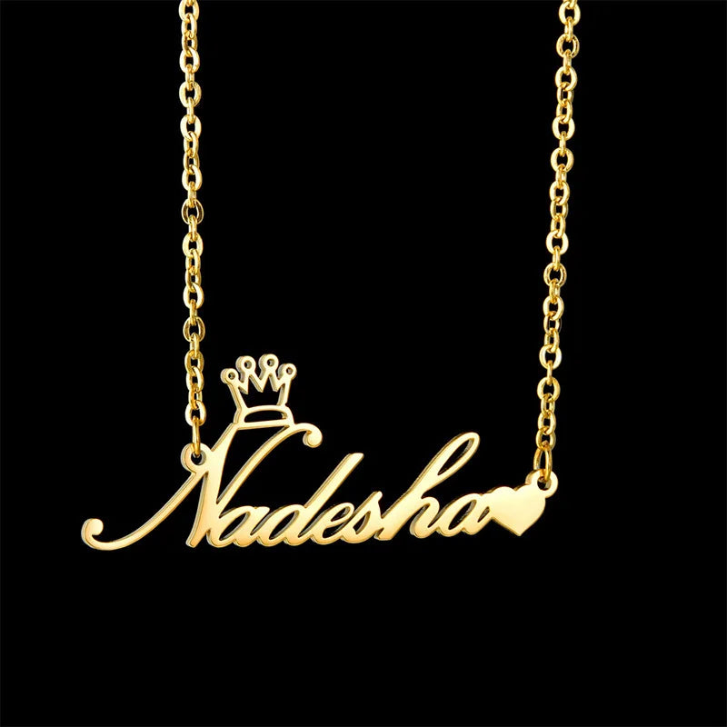 Trendy Stainless Steel Name Necklace with Crown Gold Plated Personalized Letter Link Chain for Parties