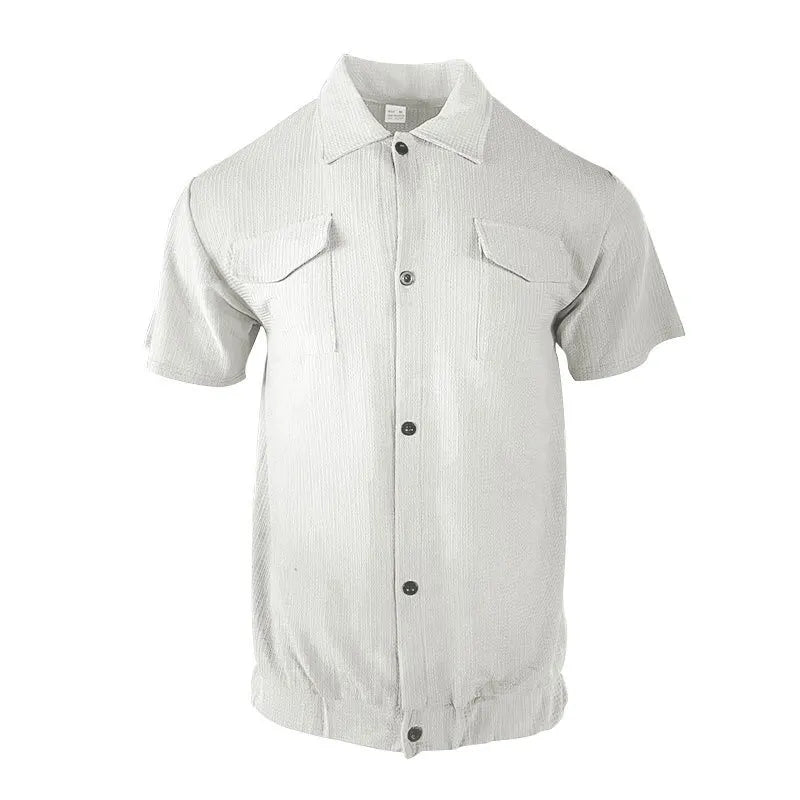 Men's Cardigan Multi Pocket Casual Loose Short Sleeved Bubble Shirt