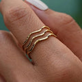 Trendy Waterproof 18k Gold Plated Three Layer Waved Lines Stainless Steel Hollow Out Stackable Statement Rings for Women