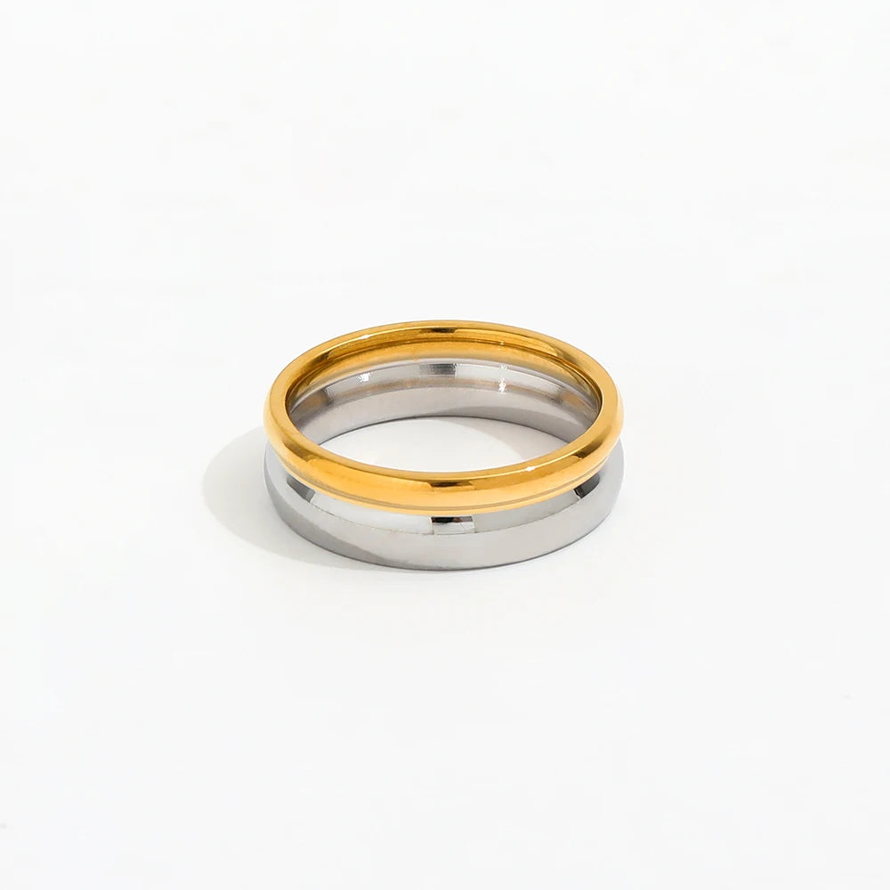 Fenny 18K Gold Plated Wholesale Smooth Simple Two-tone Double Layer Cambered Stainless Steel Finger Ring for Women