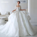New Shinny Tulle Wedding Dresses Detachable Collar Lace Appliques A-Line Puff Sleeve Palace Style Bride Gowns LSHT031
