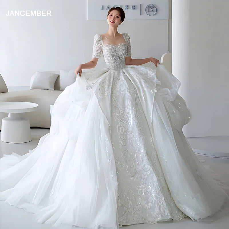 New Shinny Tulle Wedding Dresses Detachable Collar Lace Appliques A-Line Puff Sleeve Palace Style Bride Gowns LSHT031